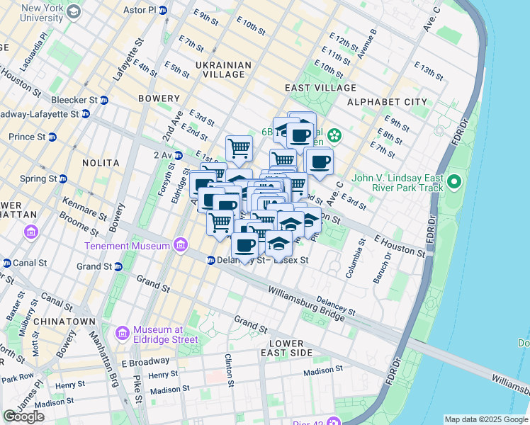 map of restaurants, bars, coffee shops, grocery stores, and more near 25 Clinton Street in New York