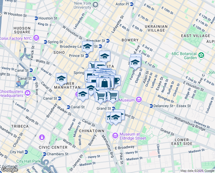map of restaurants, bars, coffee shops, grocery stores, and more near 146 Elizabeth Street in New York