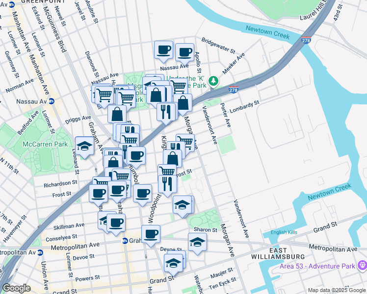 map of restaurants, bars, coffee shops, grocery stores, and more near 24 Division Place in Brooklyn