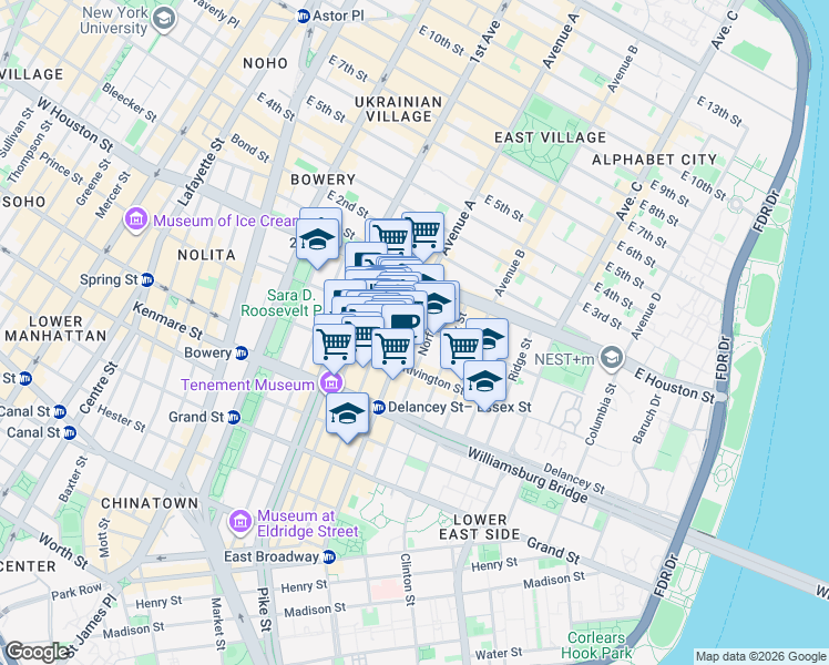 map of restaurants, bars, coffee shops, grocery stores, and more near 125 Stanton Street in New York