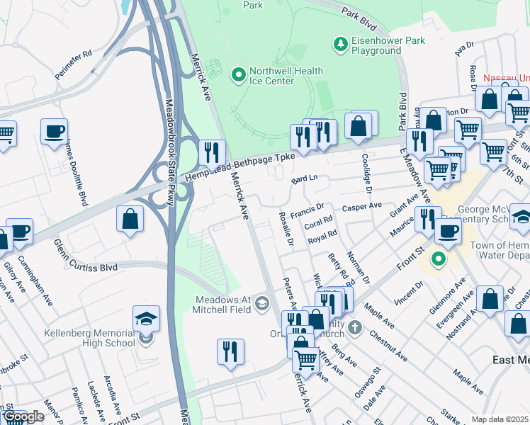 map of restaurants, bars, coffee shops, grocery stores, and more near 90 Lloyd Court in East Meadow