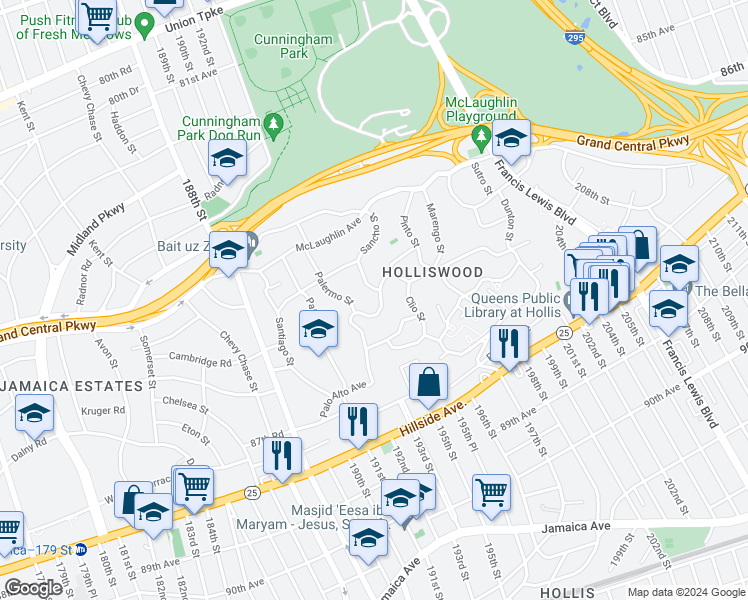 map of restaurants, bars, coffee shops, grocery stores, and more near 193-49 Keno Avenue in Queens