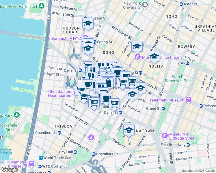 map of restaurants, bars, coffee shops, grocery stores, and more near 7 Mercer Street in New York