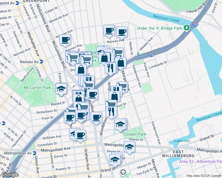map of restaurants, bars, coffee shops, grocery stores, and more near 117 Kingsland Avenue in Brooklyn