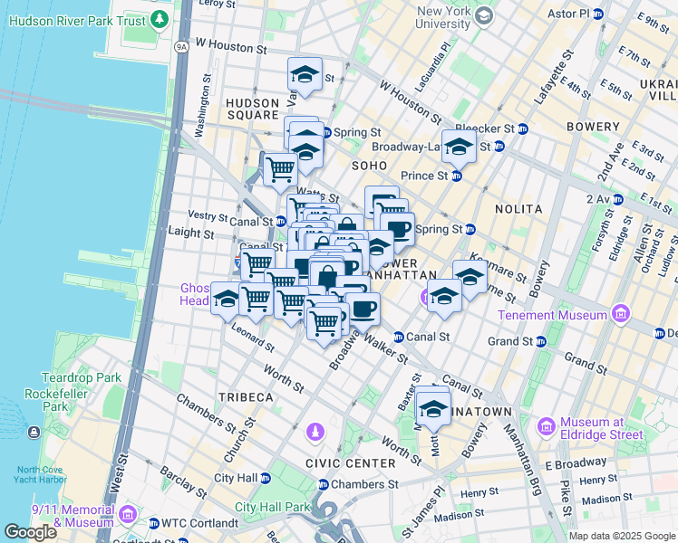 map of restaurants, bars, coffee shops, grocery stores, and more near in New York