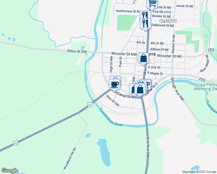 map of restaurants, bars, coffee shops, grocery stores, and more near 101 Canal Street West in Navarre