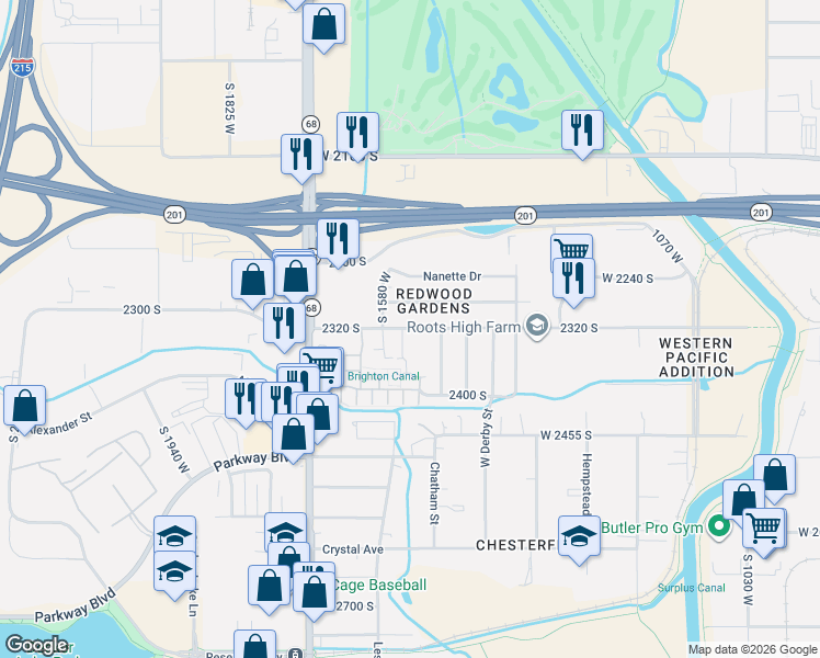 map of restaurants, bars, coffee shops, grocery stores, and more near 1507 West 2320 South in Salt Lake City