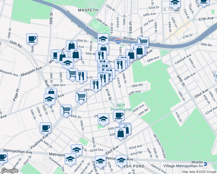 map of restaurants, bars, coffee shops, grocery stores, and more near 58-19 61st Street in Queens