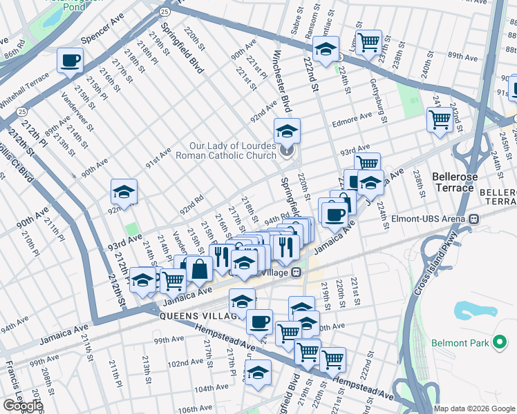 map of restaurants, bars, coffee shops, grocery stores, and more near 94-01 218th Street in Queens