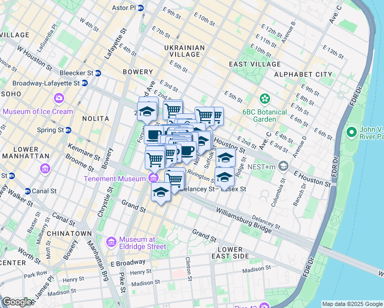 map of restaurants, bars, coffee shops, grocery stores, and more near 113 Rivington Street in New York