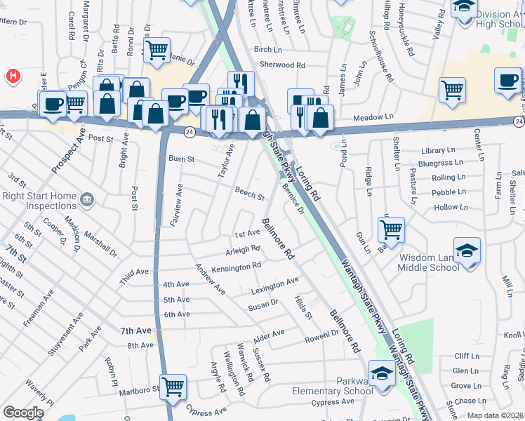 map of restaurants, bars, coffee shops, grocery stores, and more near 171 Earl Place West in East Meadow