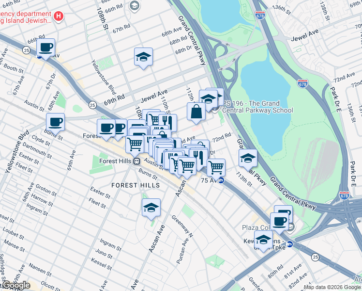 map of restaurants, bars, coffee shops, grocery stores, and more near 72-11 110th Street in Queens