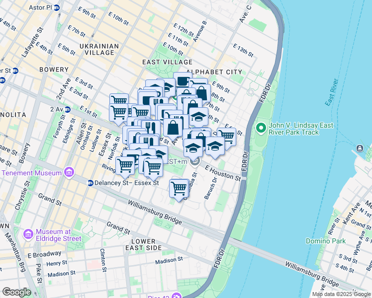 map of restaurants, bars, coffee shops, grocery stores, and more near 274 East 2nd Street in New York