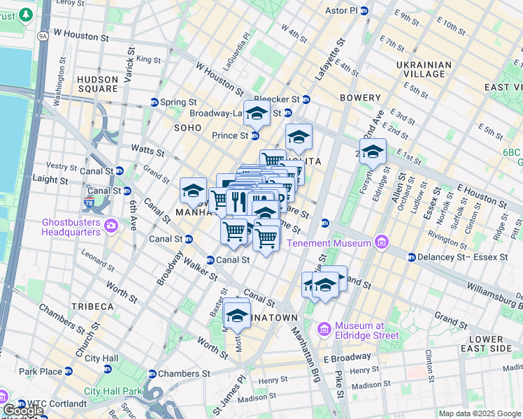 map of restaurants, bars, coffee shops, grocery stores, and more near 400 Broome Street in New York
