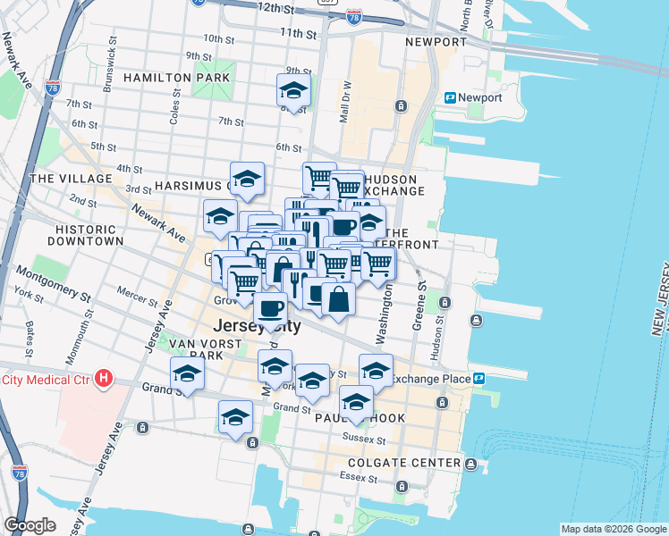map of restaurants, bars, coffee shops, grocery stores, and more near 140 Bay Street in Jersey City