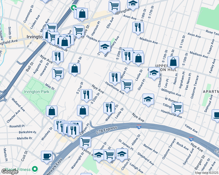map of restaurants, bars, coffee shops, grocery stores, and more near 19 Birks Place in Newark