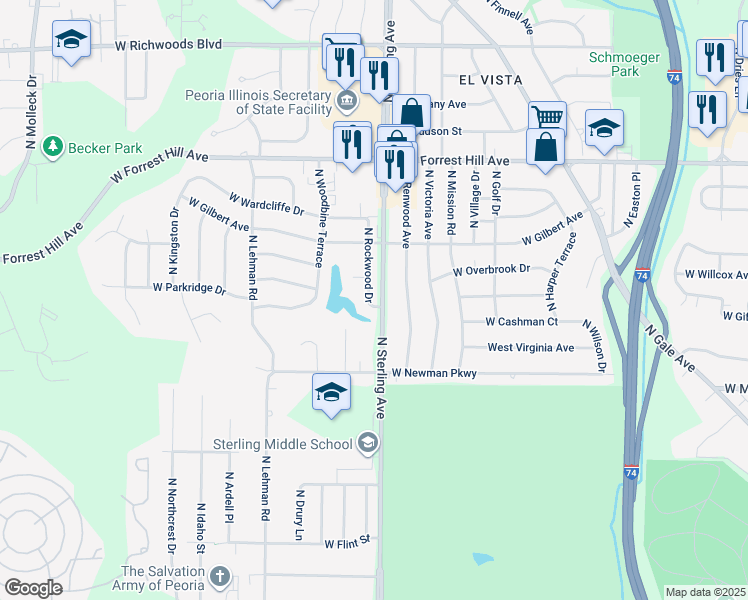 map of restaurants, bars, coffee shops, grocery stores, and more near 2601-2657 North Rockwood Drive in Peoria