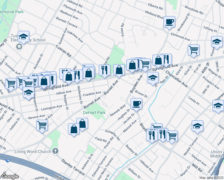 map of restaurants, bars, coffee shops, grocery stores, and more near 50 Burnett Avenue in Maplewood