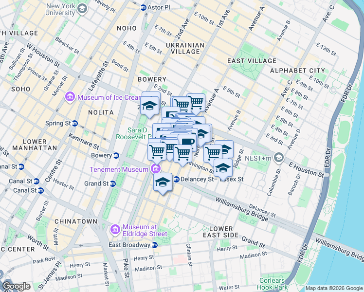 map of restaurants, bars, coffee shops, grocery stores, and more near 152 Ludlow Street in New York