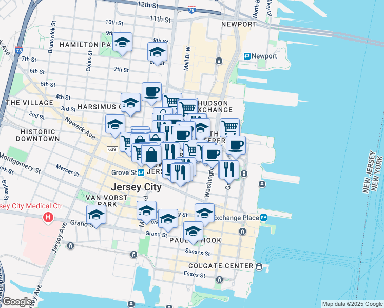 map of restaurants, bars, coffee shops, grocery stores, and more near 124 Bay Street in Jersey City