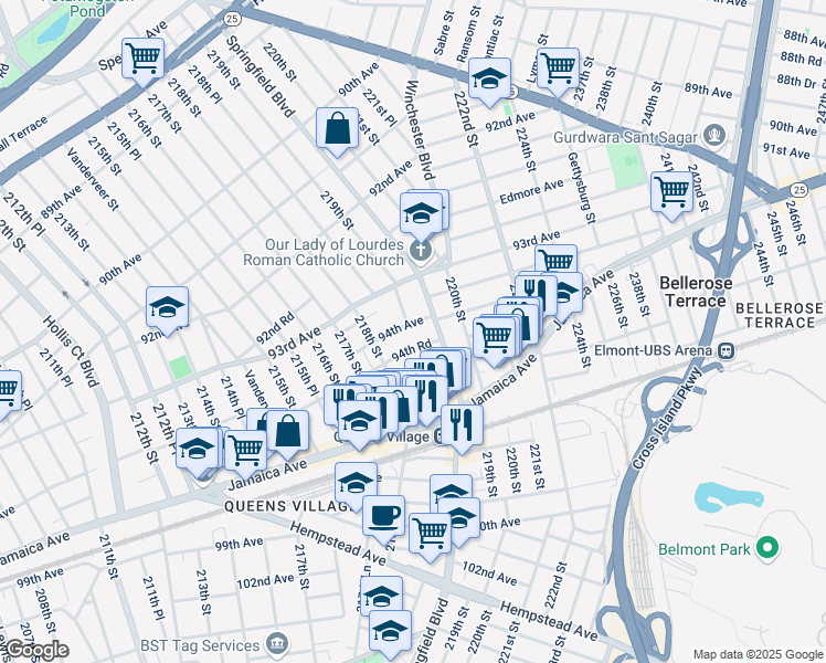map of restaurants, bars, coffee shops, grocery stores, and more near 218-37 94th Road in Queens