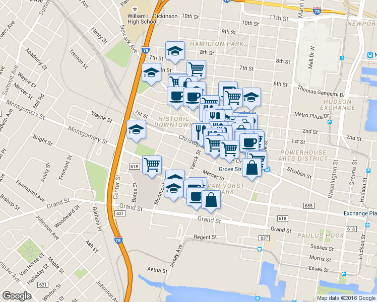 map of restaurants, bars, coffee shops, grocery stores, and more near 153-139 Wayne Street in Jersey City