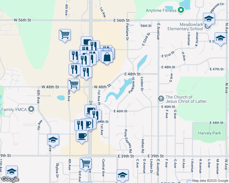 map of restaurants, bars, coffee shops, grocery stores, and more near 98 Crestview Pl in Kearney