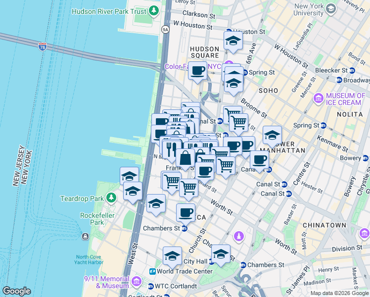 map of restaurants, bars, coffee shops, grocery stores, and more near 49 Beach Street in New York