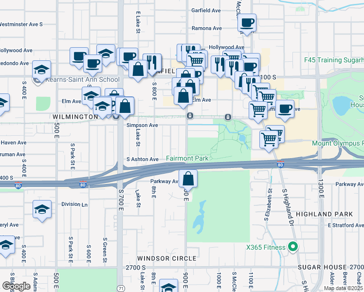 map of restaurants, bars, coffee shops, grocery stores, and more near 2320 900 East in Salt Lake City