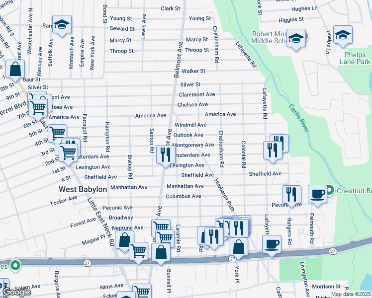 map of restaurants, bars, coffee shops, grocery stores, and more near 241 Amsterdam Avenue in West Babylon