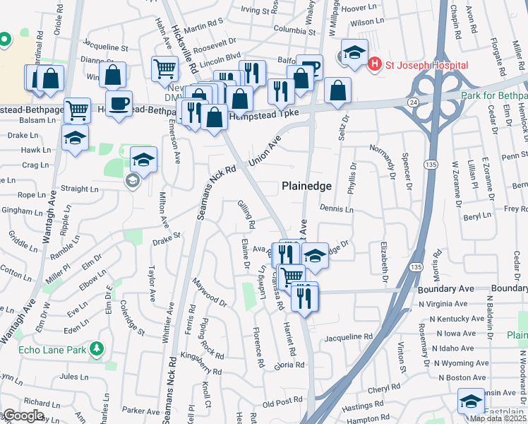 map of restaurants, bars, coffee shops, grocery stores, and more near in Levittown