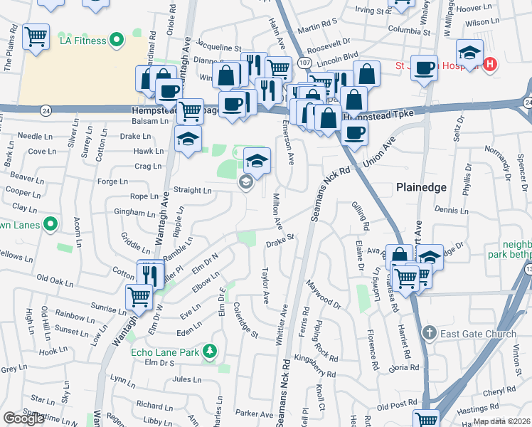 map of restaurants, bars, coffee shops, grocery stores, and more near 3865 Miller Place in Levittown