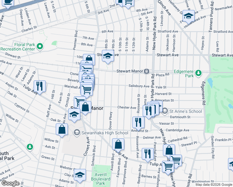 map of restaurants, bars, coffee shops, grocery stores, and more near 87 Elton Road in Stewart Manor