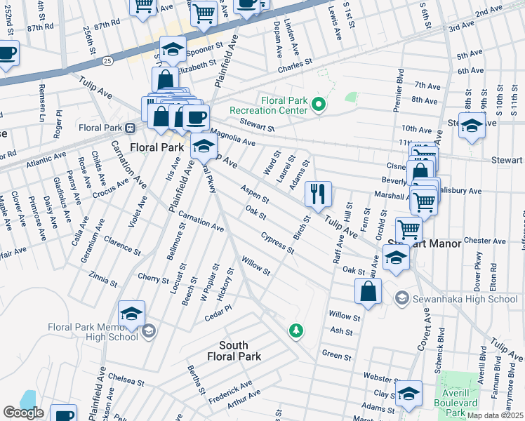 map of restaurants, bars, coffee shops, grocery stores, and more near 75 Oak Street in Floral Park