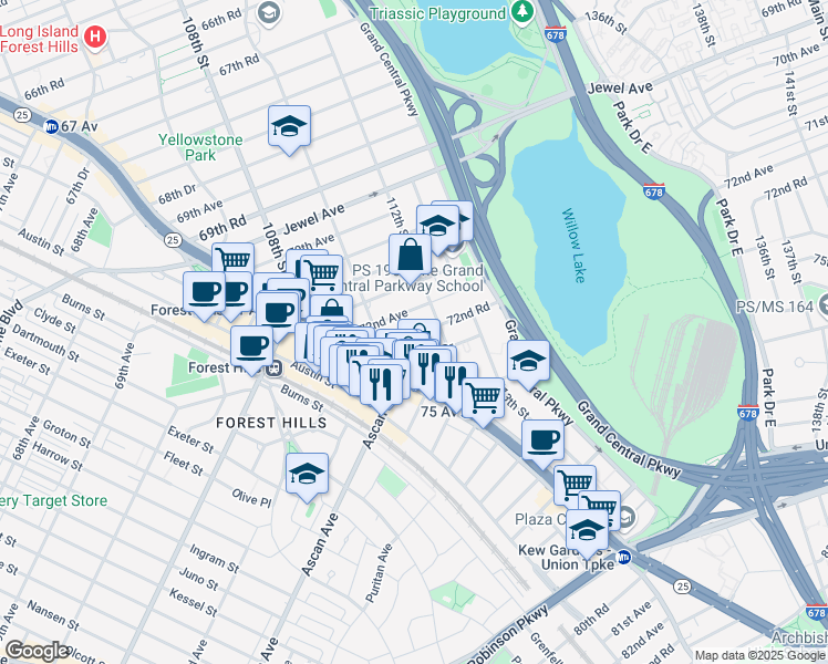 map of restaurants, bars, coffee shops, grocery stores, and more near 110-42 72nd Road in Queens