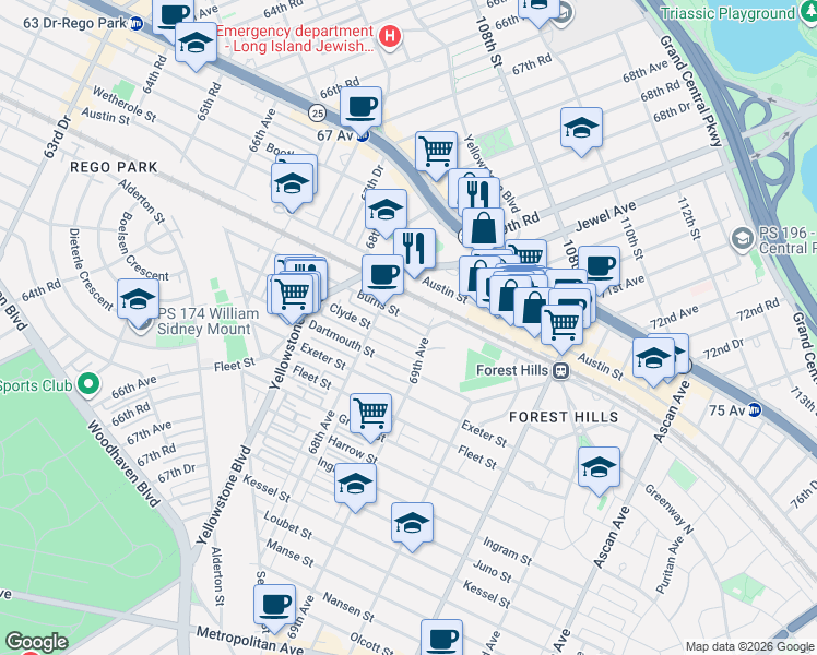 map of restaurants, bars, coffee shops, grocery stores, and more near 68-35 Clyde Street in Queens