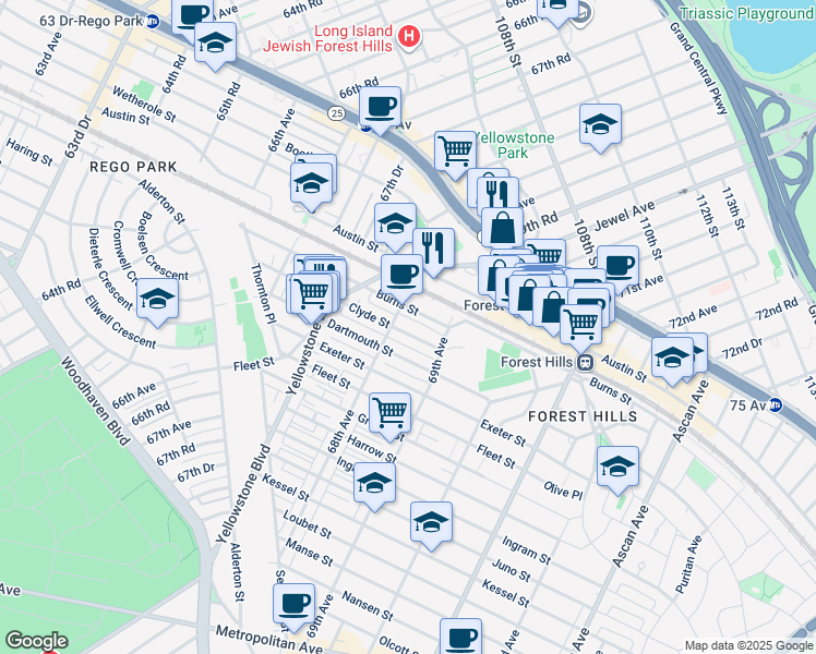 map of restaurants, bars, coffee shops, grocery stores, and more near 68-35 Clyde Street in Queens