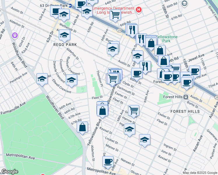map of restaurants, bars, coffee shops, grocery stores, and more near 7178 Yellowstone Boulevard in Queens