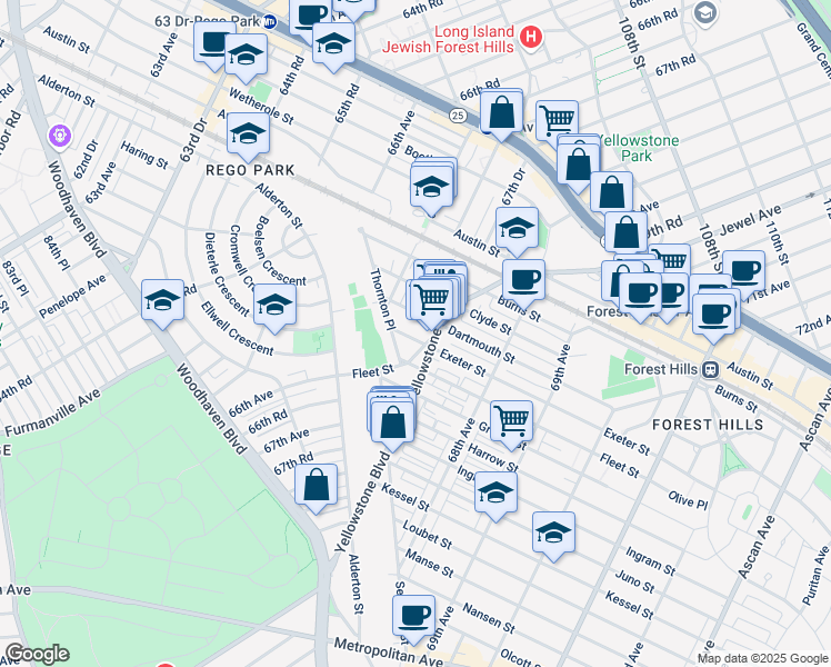 map of restaurants, bars, coffee shops, grocery stores, and more near 7178 Yellowstone Boulevard in Queens