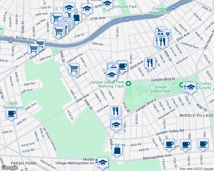 map of restaurants, bars, coffee shops, grocery stores, and more near 61-24 71st Street in Queens