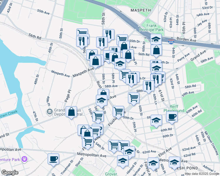 map of restaurants, bars, coffee shops, grocery stores, and more near 58-27 58th Road in Queens
