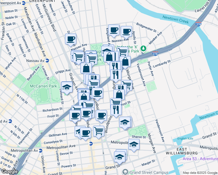 map of restaurants, bars, coffee shops, grocery stores, and more near 117 Kingsland Avenue in Brooklyn
