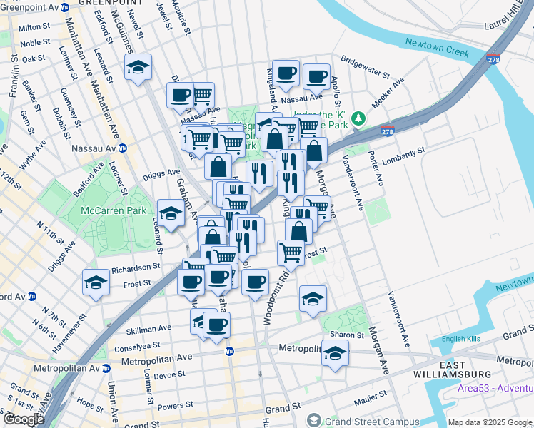 map of restaurants, bars, coffee shops, grocery stores, and more near 71 Herbert Street in Brooklyn