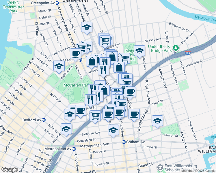 map of restaurants, bars, coffee shops, grocery stores, and more near 132 Newton Street in Brooklyn