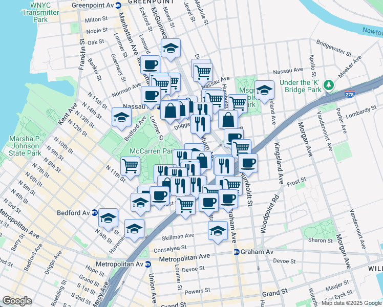 map of restaurants, bars, coffee shops, grocery stores, and more near Leonard Street in Brooklyn