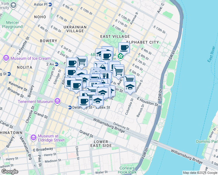 map of restaurants, bars, coffee shops, grocery stores, and more near 162 Attorney Street in New York