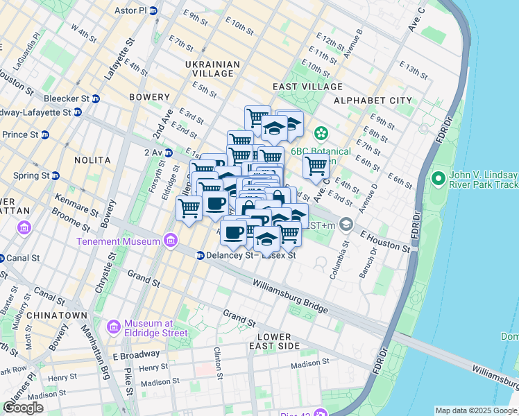 map of restaurants, bars, coffee shops, grocery stores, and more near 25 Clinton Street in New York