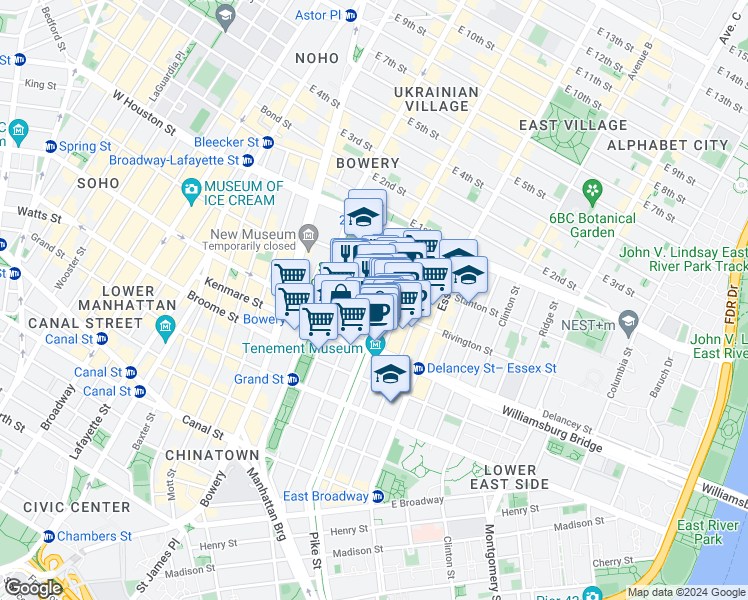 map of restaurants, bars, coffee shops, grocery stores, and more near 184 Eldridge Street in New York