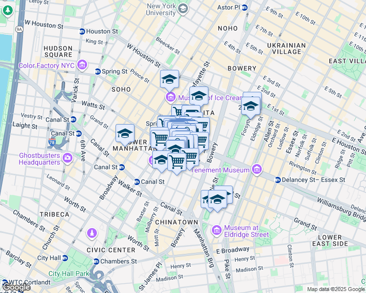 map of restaurants, bars, coffee shops, grocery stores, and more near 384 Broome Street in New York