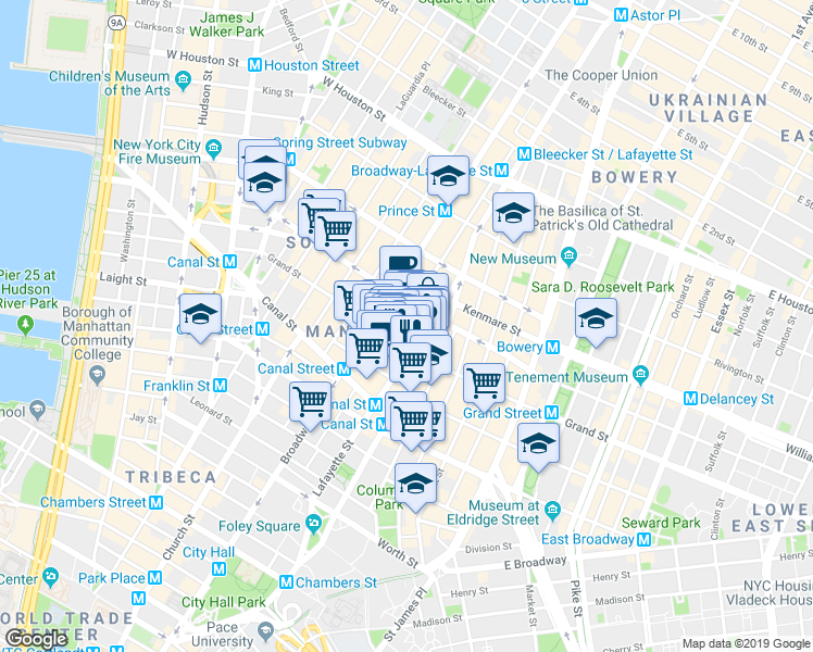 map of restaurants, bars, coffee shops, grocery stores, and more near 138 Grand Street in New York